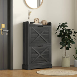 Slim Shoe Storage Cabinet, Farmhouse Shoe Cabinet with 2 Flip Drawers, Adjustable Shelves for 8 Pairs, Distressed Grey