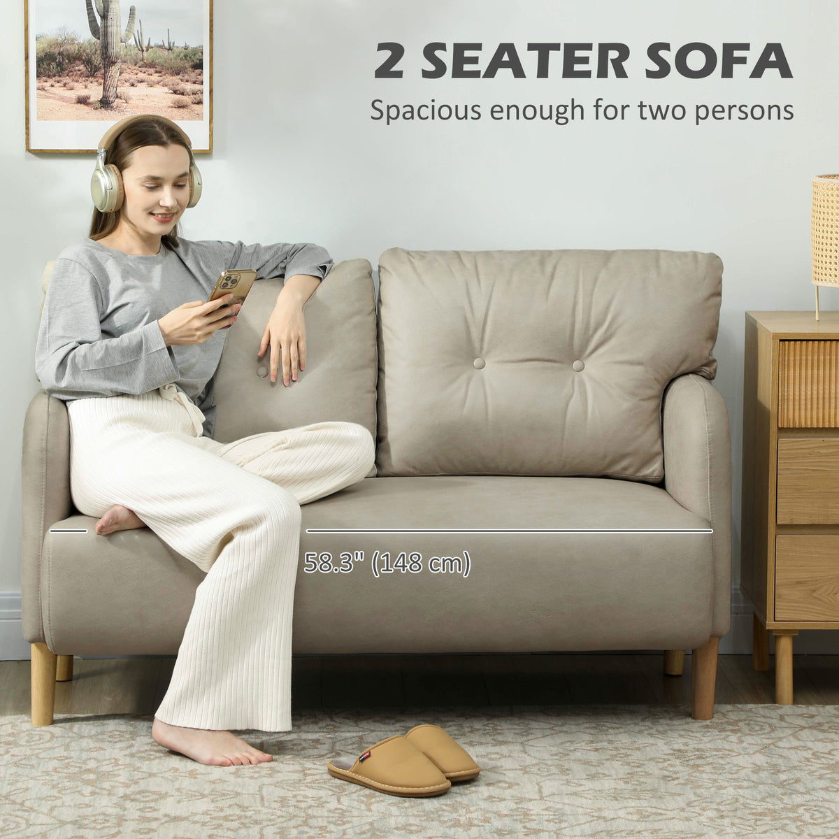 58" 2 Seat Sofa, Modern Love Seats Furniture, Upholstered 2 Seater Couch, Solid Wood Frame, Beige – view 3