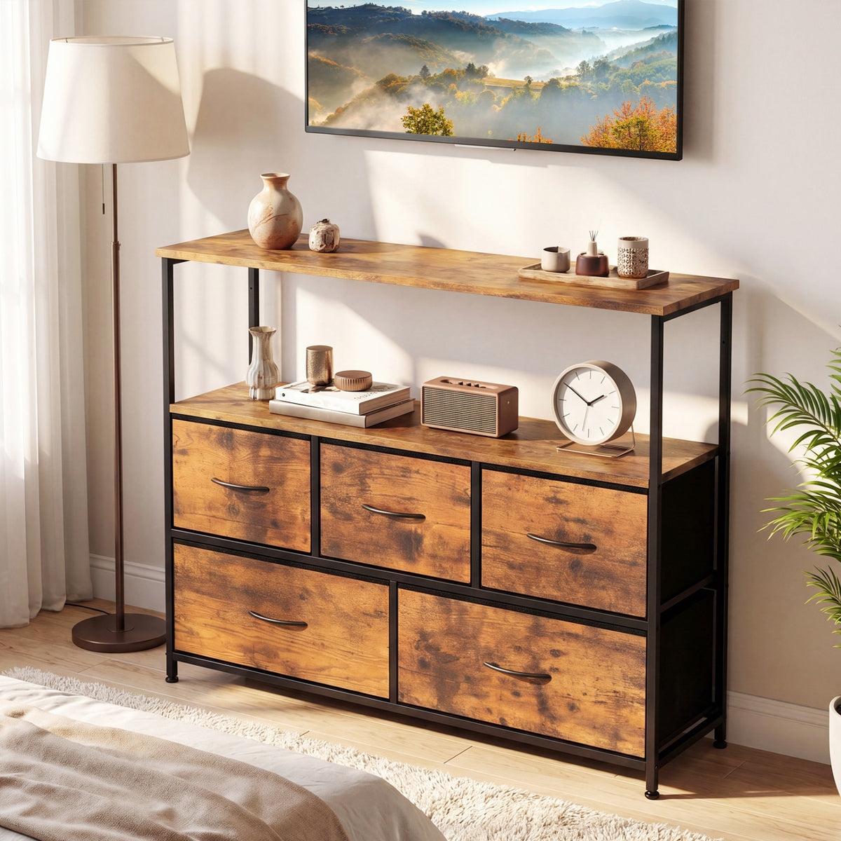TV Stand Dresser for 45 Inch TV 5 Fabric Drawer Entertainment Center-Brown view 3