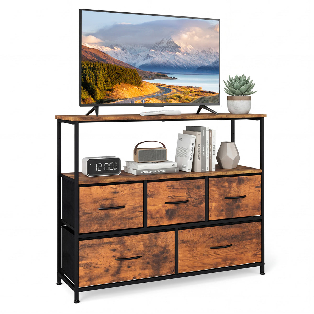 TV Stand Dresser for 45 Inch TV 5 Fabric Drawer Entertainment Center-Brown view 4