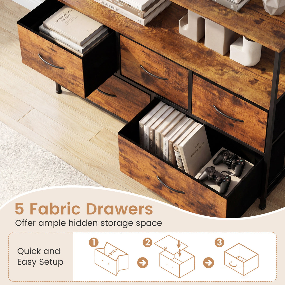 TV Stand Dresser for 45 Inch TV 5 Fabric Drawer Entertainment Center-Brown view 6