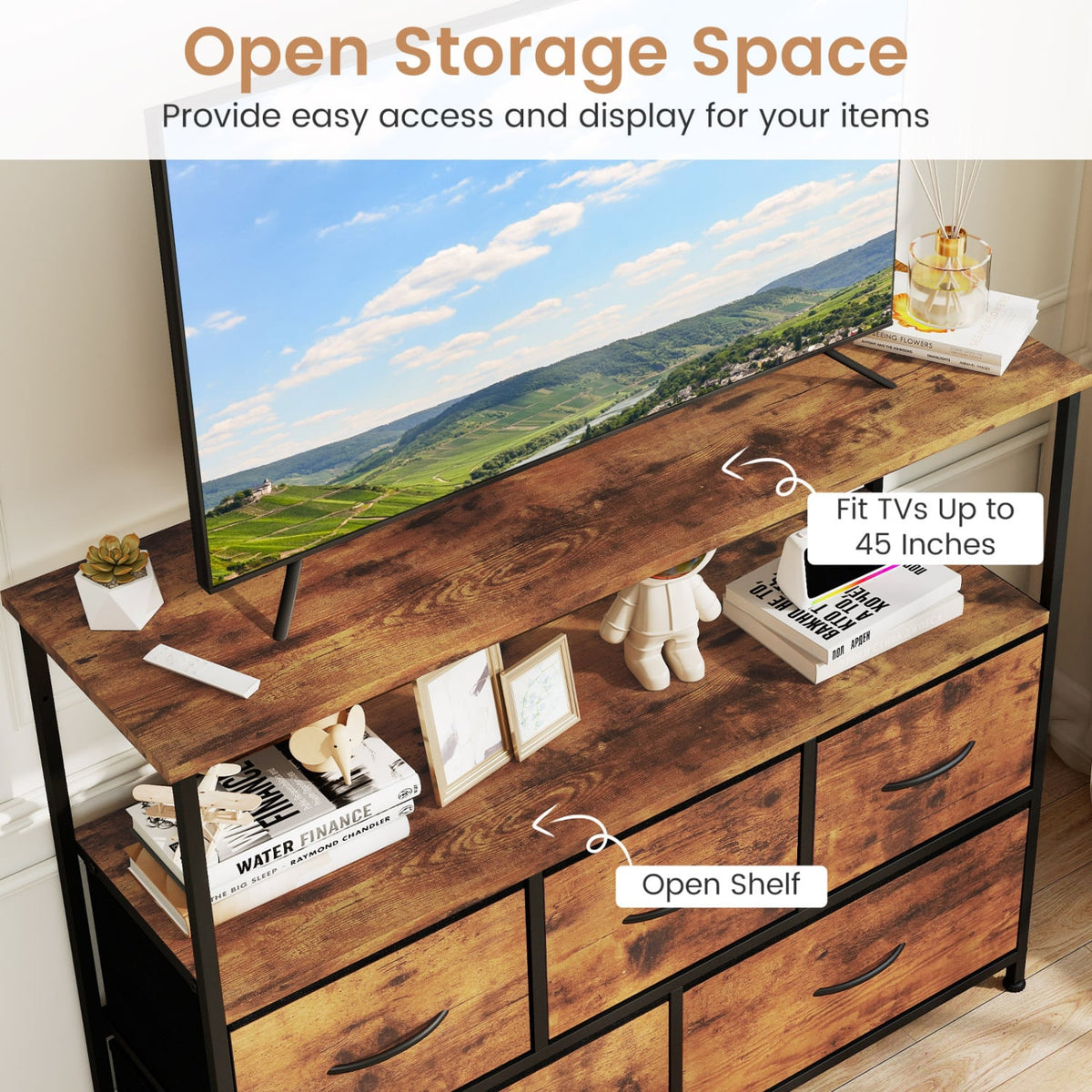 TV Stand Dresser for 45 Inch TV 5 Fabric Drawer Entertainment Center-Brown view 7