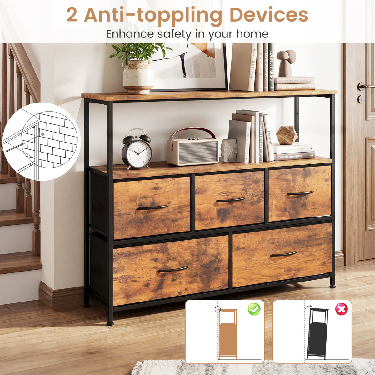 TV Stand Dresser for 45 Inch TV 5 Fabric Drawer Entertainment Center-Brown view 8