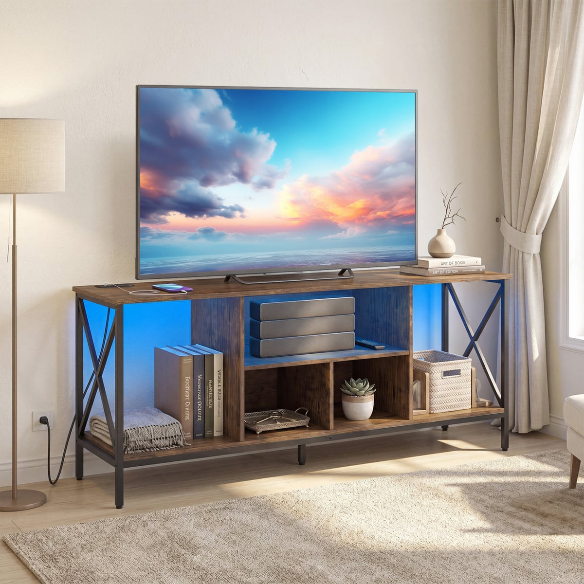 TV Stand with LED Lights for 65 Inch TV Entertainment Center with Power Outlets-Brown view 2