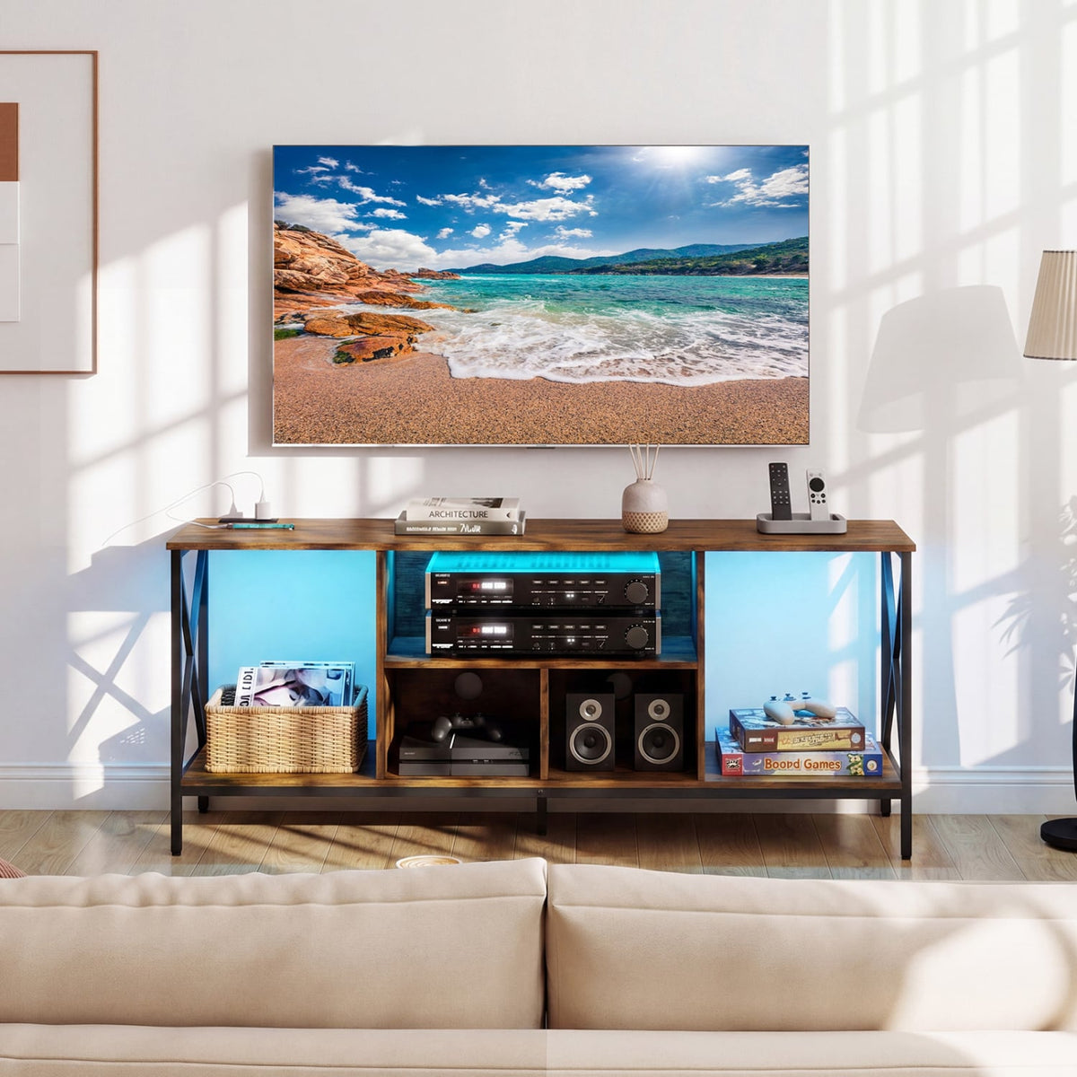 TV Stand with LED Lights for 65 Inch TV Entertainment Center with Power Outlets-Brown view 3