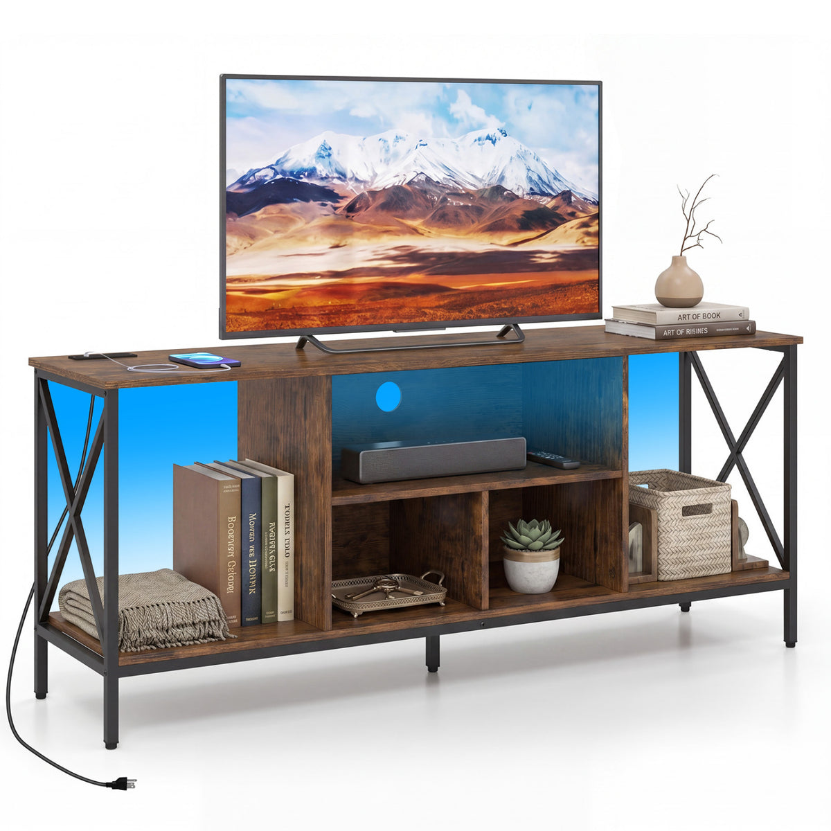 TV Stand with LED Lights for 65 Inch TV Entertainment Center with Power Outlets-Brown view 4