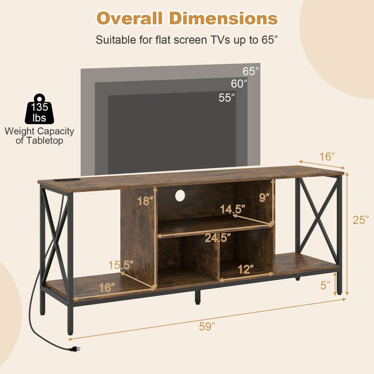 TV Stand with LED Lights for 65 Inch TV Entertainment Center with Power Outlets-Brown view 5