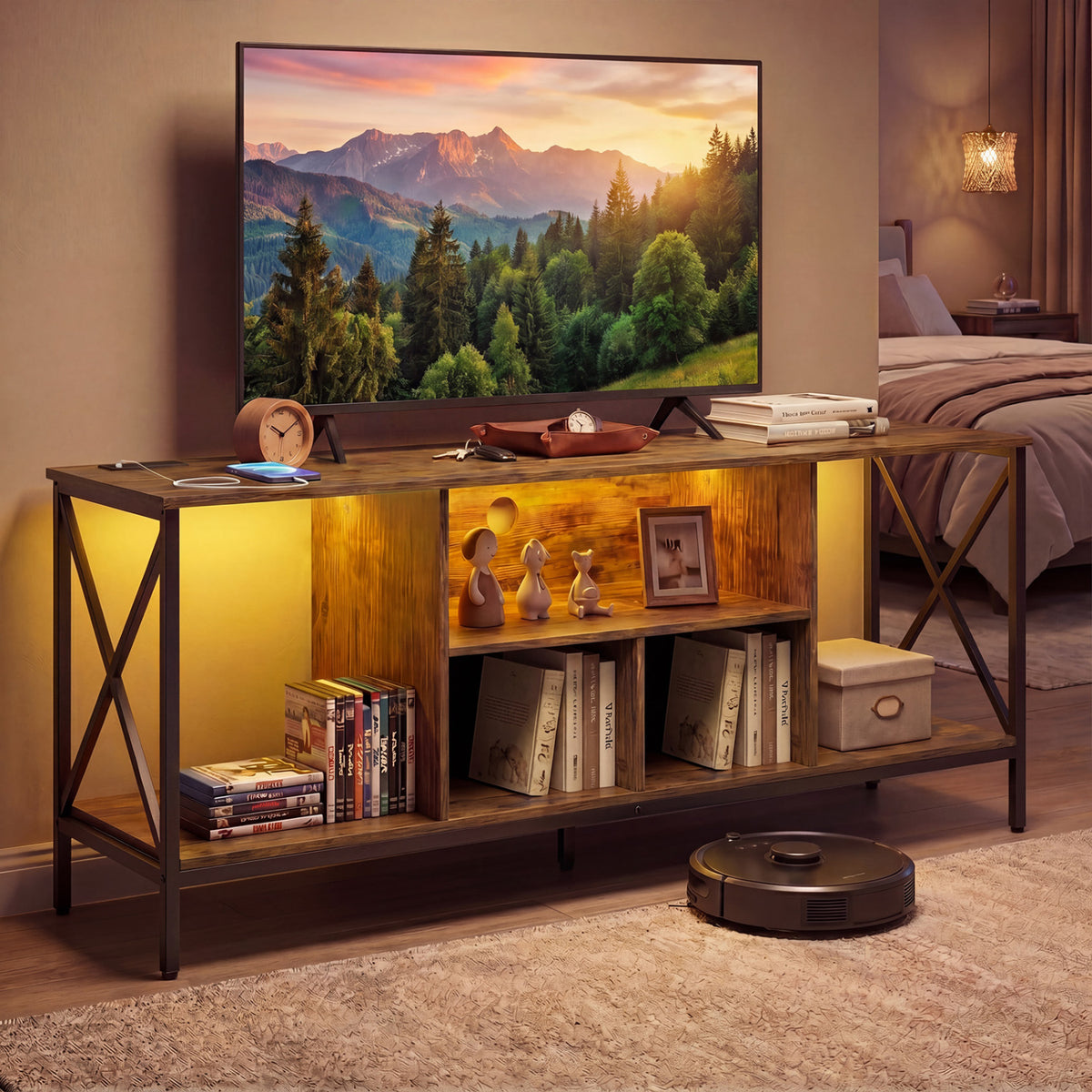 TV Stand with LED Lights for 65 Inch TV Entertainment Center with Power Outlets-Brown view 6
