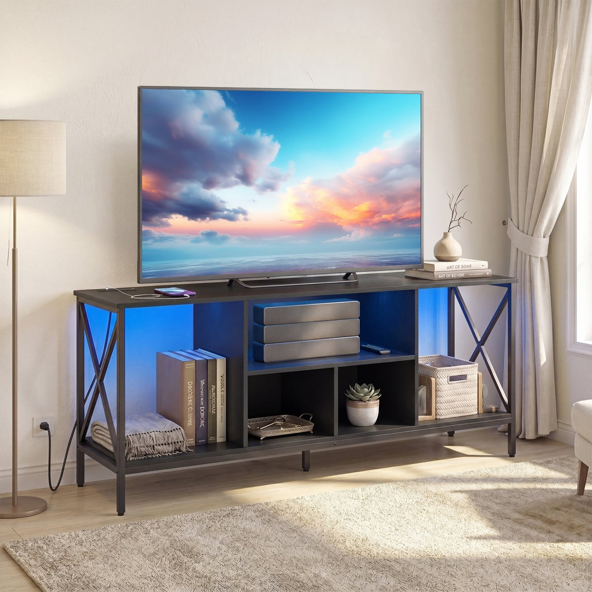TV Stand with LED Lights for 65 Inch TV Entertainment Center with Power Outlets-Black view 2