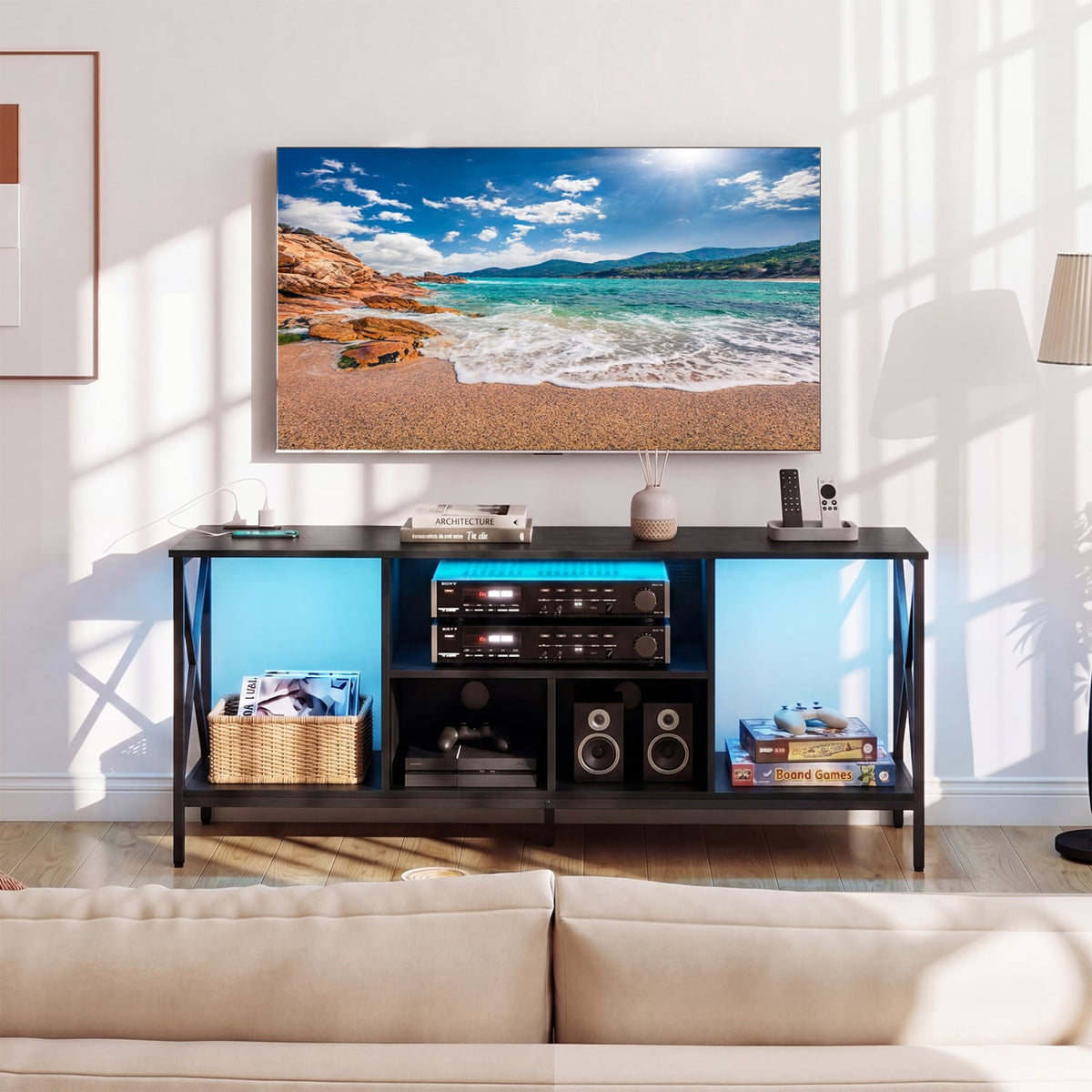 TV Stand with LED Lights for 65 Inch TV Entertainment Center with Power Outlets-Black view 3