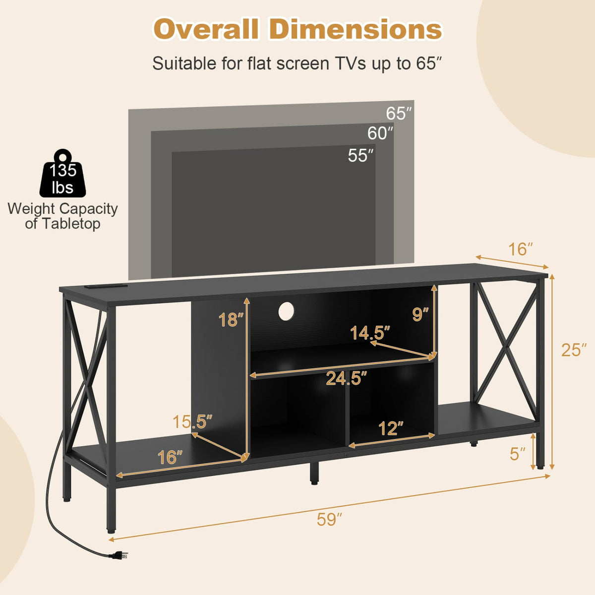 TV Stand with LED Lights for 65 Inch TV Entertainment Center with Power Outlets-Black view 5