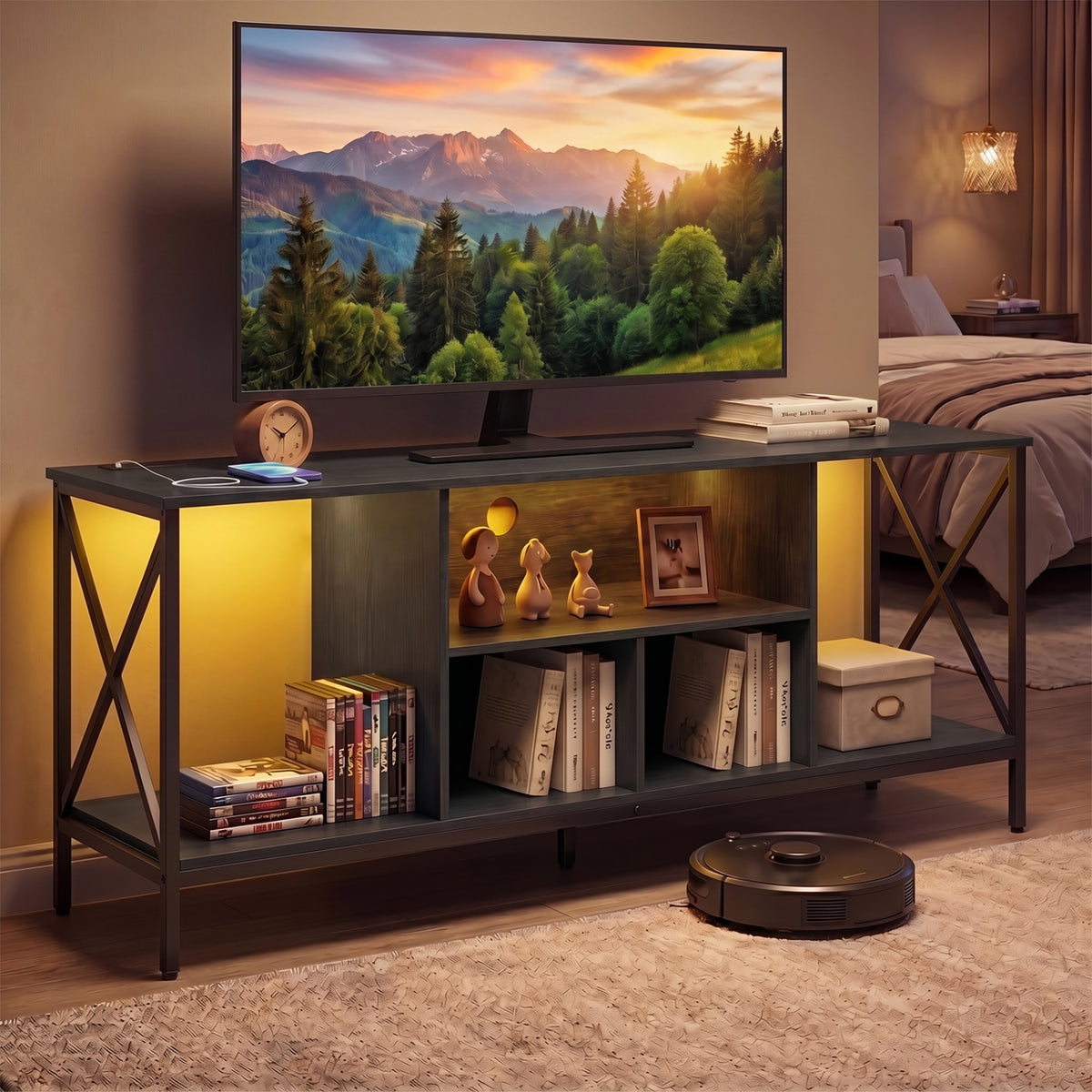TV Stand with LED Lights for 65 Inch TV Entertainment Center with Power Outlets-Black view 6