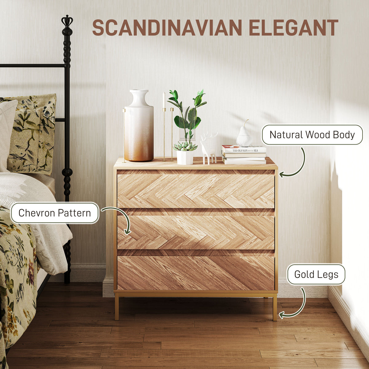 Bedroom Chest of Drawers with Anti-tipping Design, Storage Cabinet with 3 Drawers for Living Room, Hallway, Nature Wood