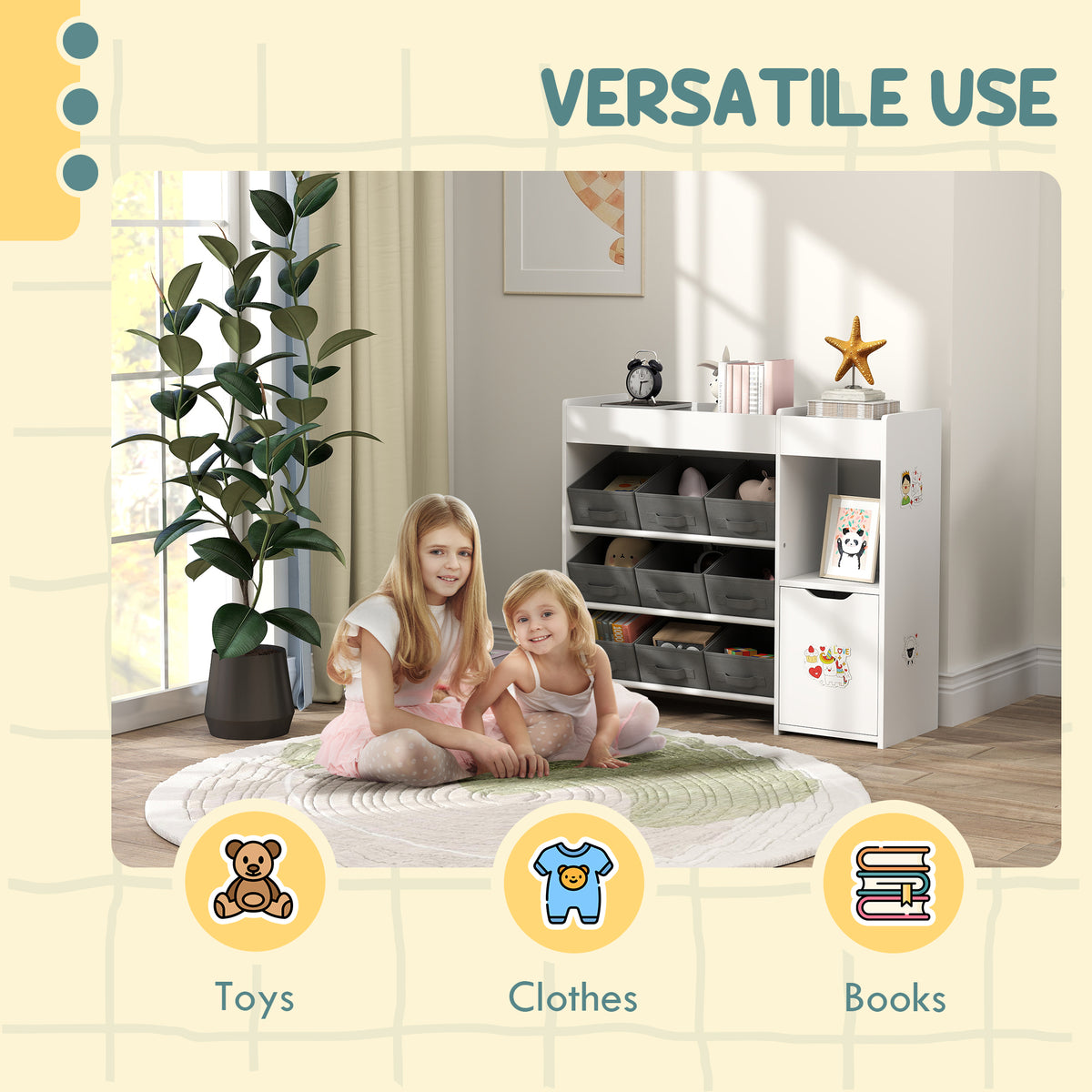 Qaba Toy Storage Organizer with 9 Non-Woven Fabric Boxes, Storage Cabinet & Shelves, for Kids Room, Nursery, Playroom White