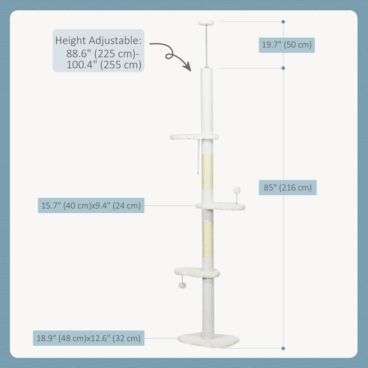 88.5"-100.5" Floor to Ceiling Cat Tree, Cat Tower with Scratching Posts, Cloud Shaped Platforms, Dangling Balls, Cream