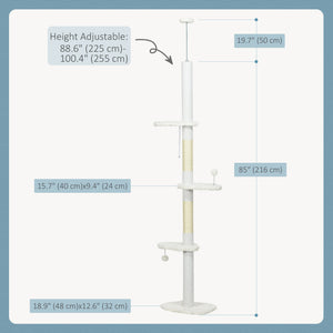 88.5"-100.5" Floor to Ceiling Cat Tree, Cat Tower with Scratching Posts, Cloud Shaped Platforms, Dangling Balls, Cream