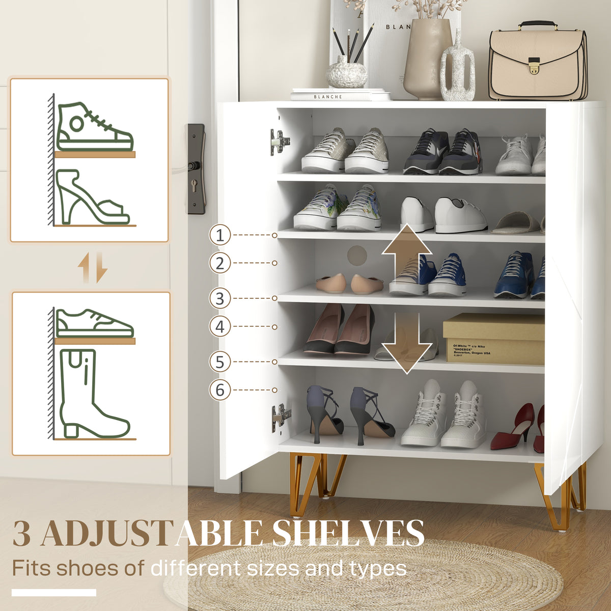 Narrow Shoe Storage Cabinet with Soft-Close Hinges and Adjustable Shelves for 15-20 Pairs of Shoes, High Gloss White
