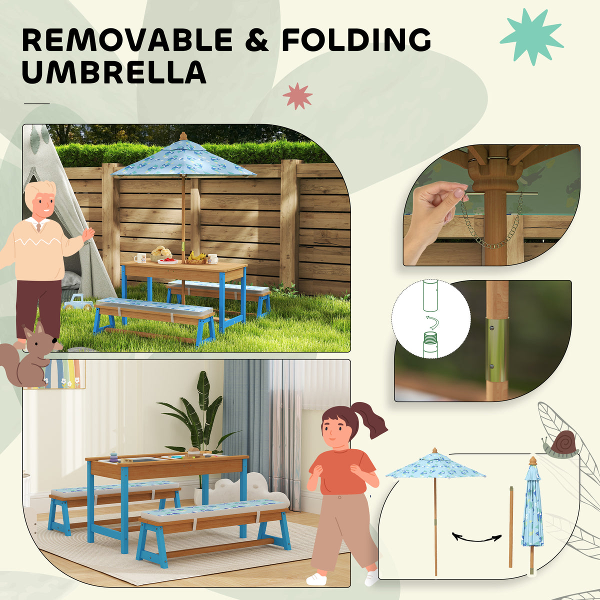Qaba Kids Picnic Table and Bench Set with Removable Umbrella, Cushions & Boxes, Dinosaur Theme for Outdoor, Blue