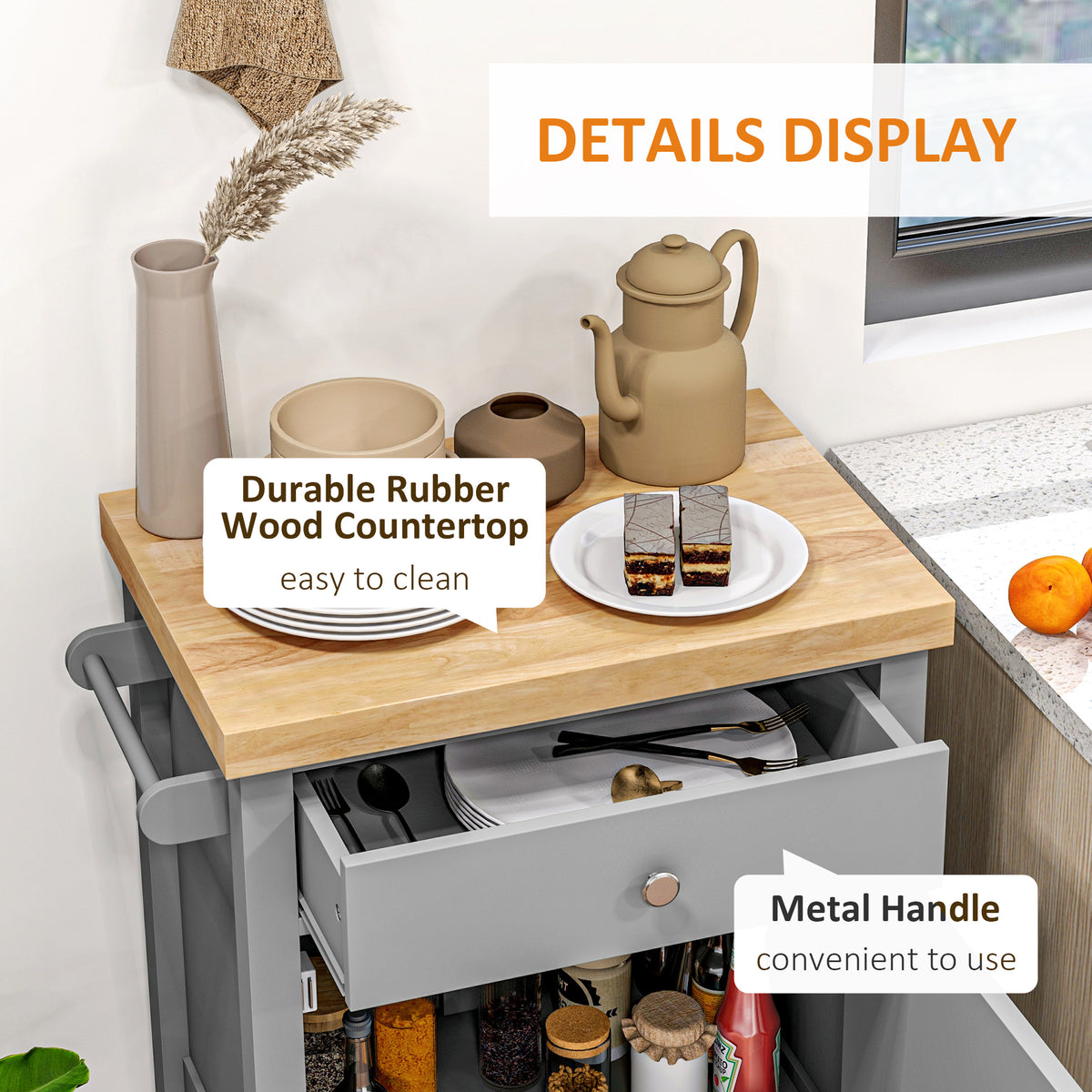 Kitchen Cart on Wheels, Rolling Kitchen Island Cart with Wood Top, Towel Rack – view 5