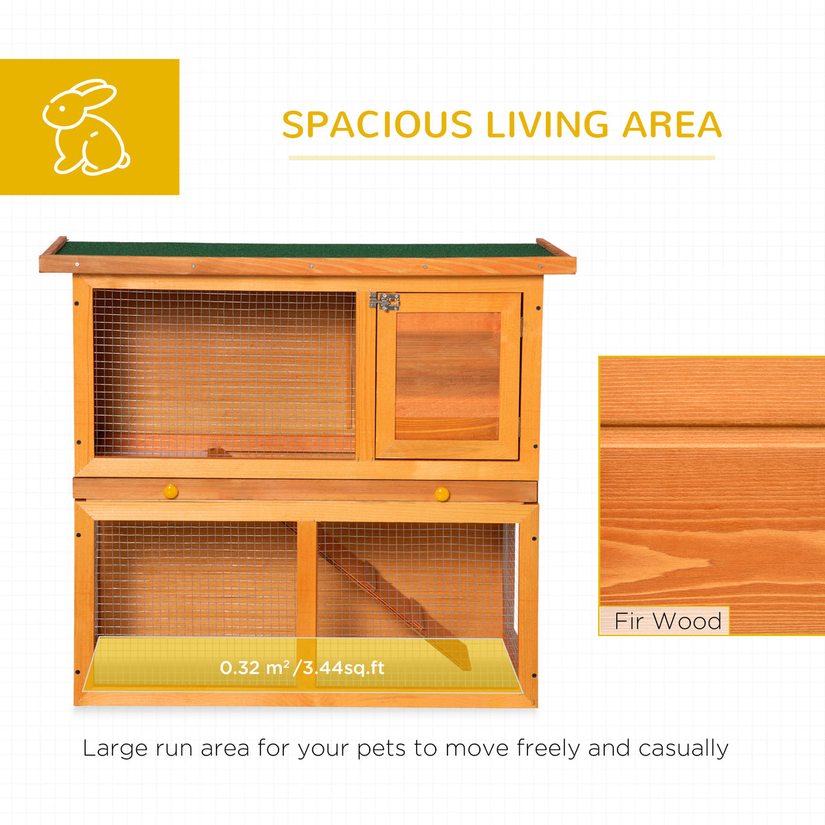 Wooden Rabbit Hutch, Indoor Outdoor Bunny Cage with Run, 2- Level Guinea Pig House with Slide-Out Tray, Waterproof Roof, Yellow