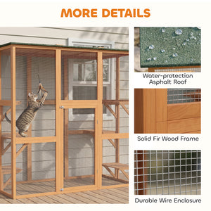 Large Outdoor Catio Enclosure, Weatherproof Cat House with Asphalt Roof,  Wooden Cat Patio Cage with 6 Balanced Platforms, 71" x 39" x 71", Grey