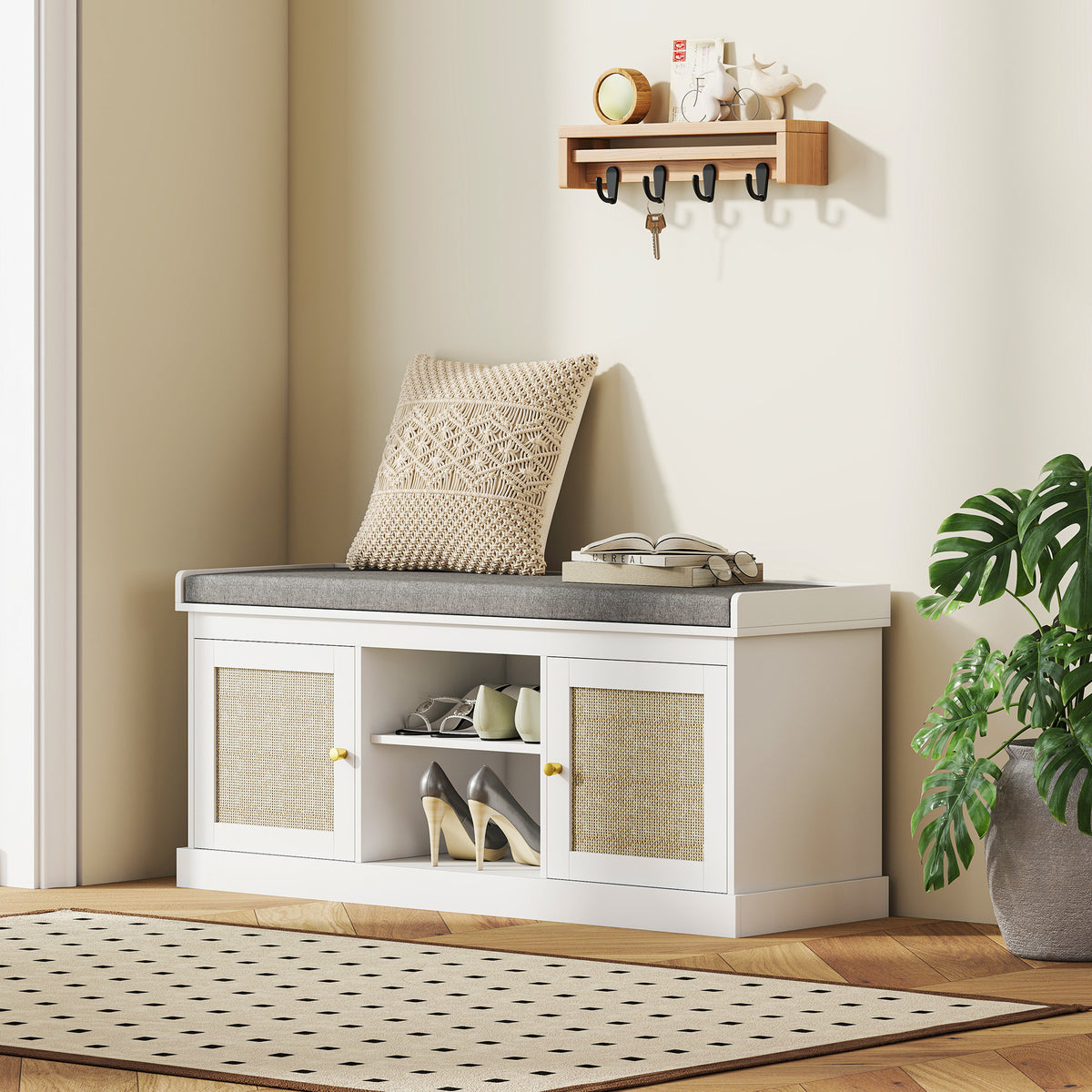 Shoe Bench with Padded Cushion, Boho Entryway Bench with Rattan Doors and Adjustable Shelves, Holds 9 Pairs, White