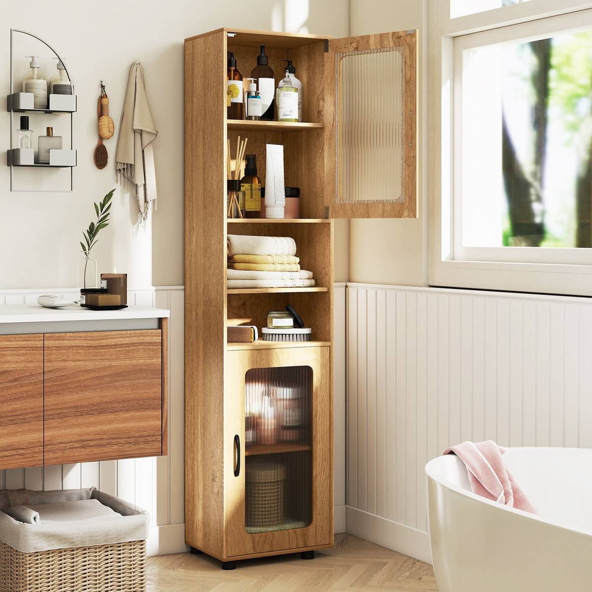 Tall Bathroom Storage Cabinet 67 Inches Freestanding Storage Organizer-Natural view 2