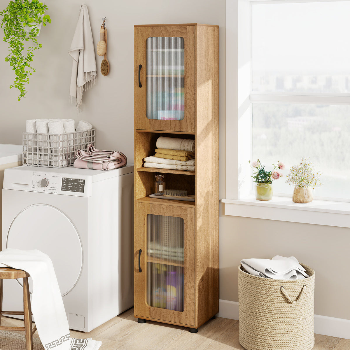 Tall Bathroom Storage Cabinet 67 Inches Freestanding Storage Organizer-Natural view 3