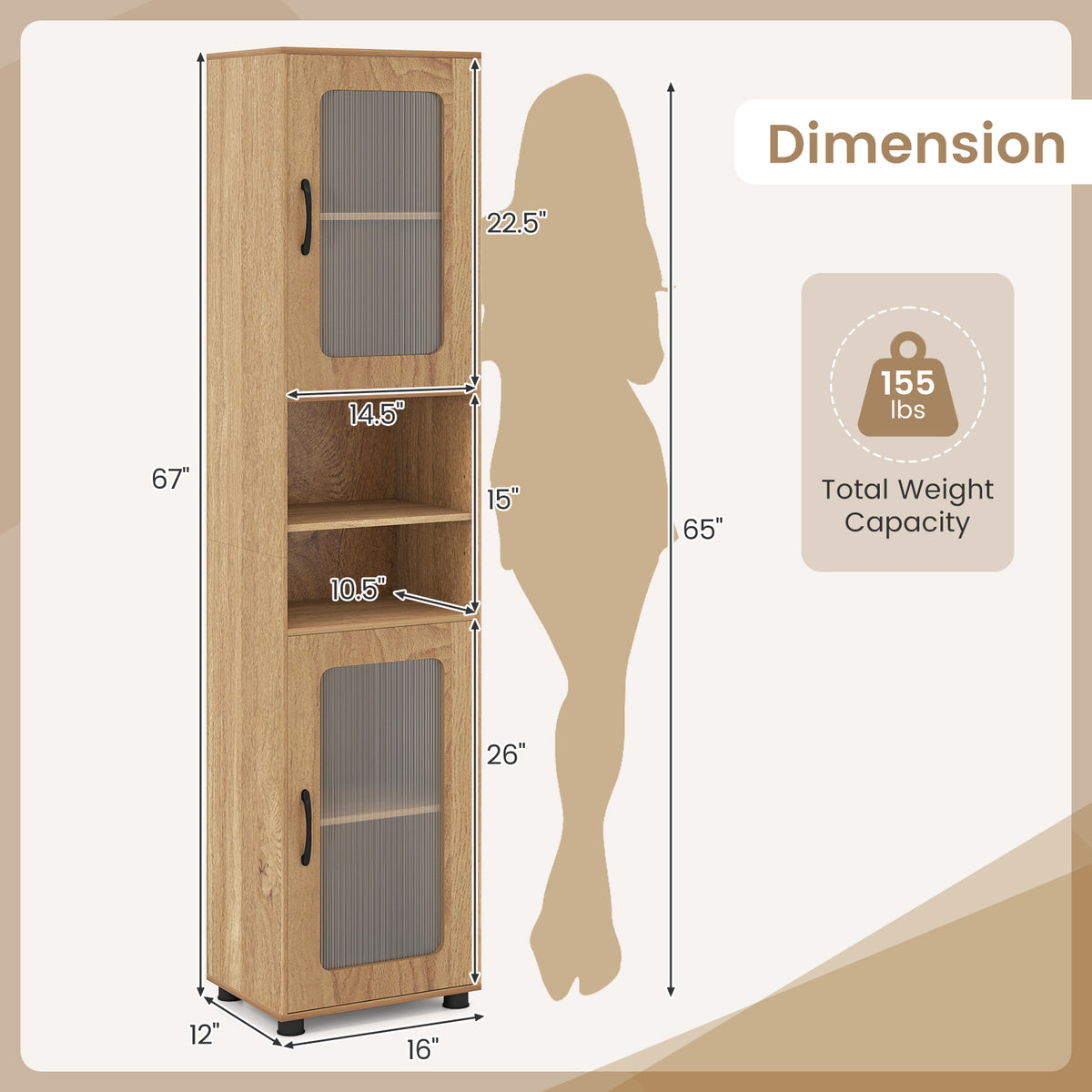 Tall Bathroom Storage Cabinet 67 Inches Freestanding Storage Organizer-Natural view 5