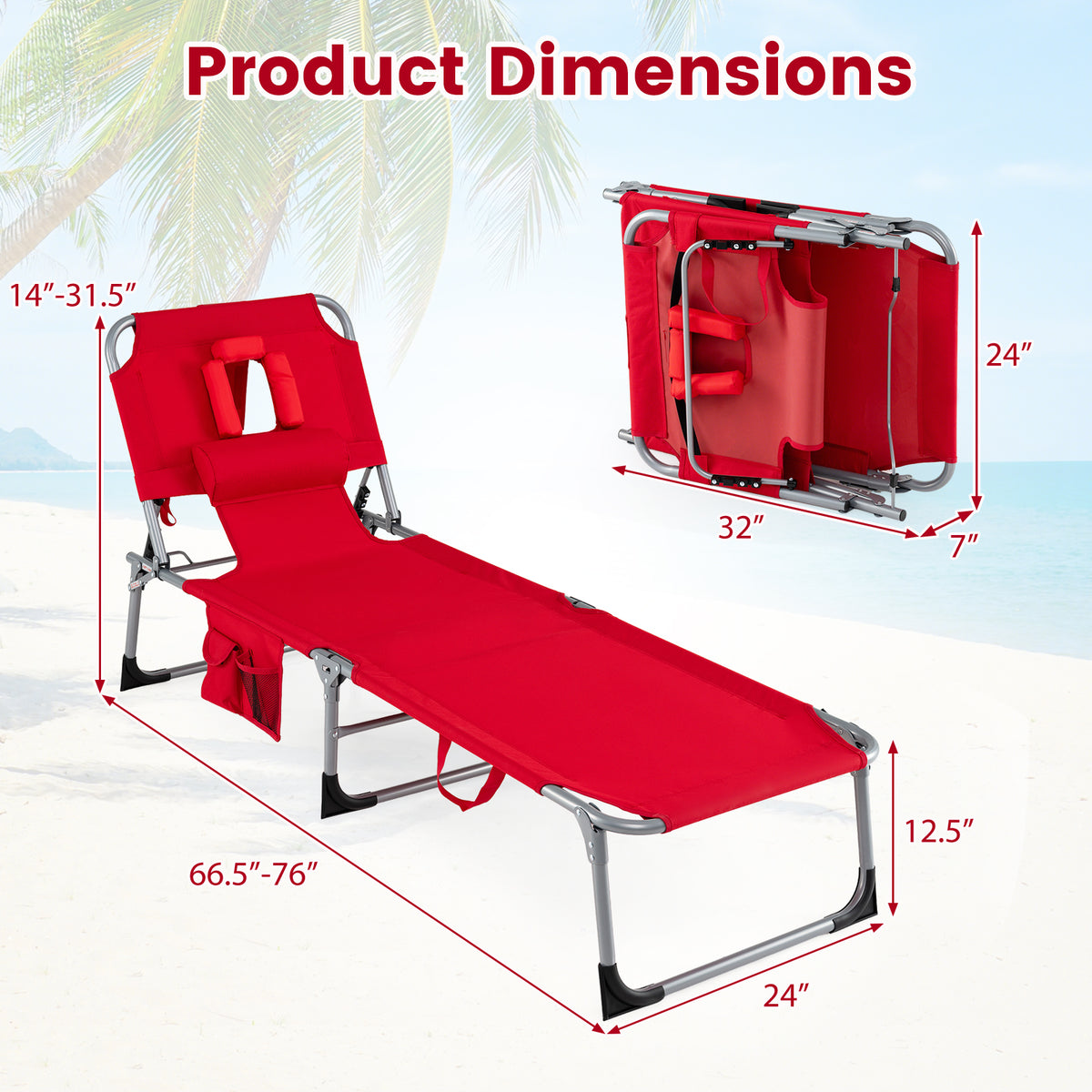 Tanning Chair with Face Arm Holes Folding Chair-Red view 4