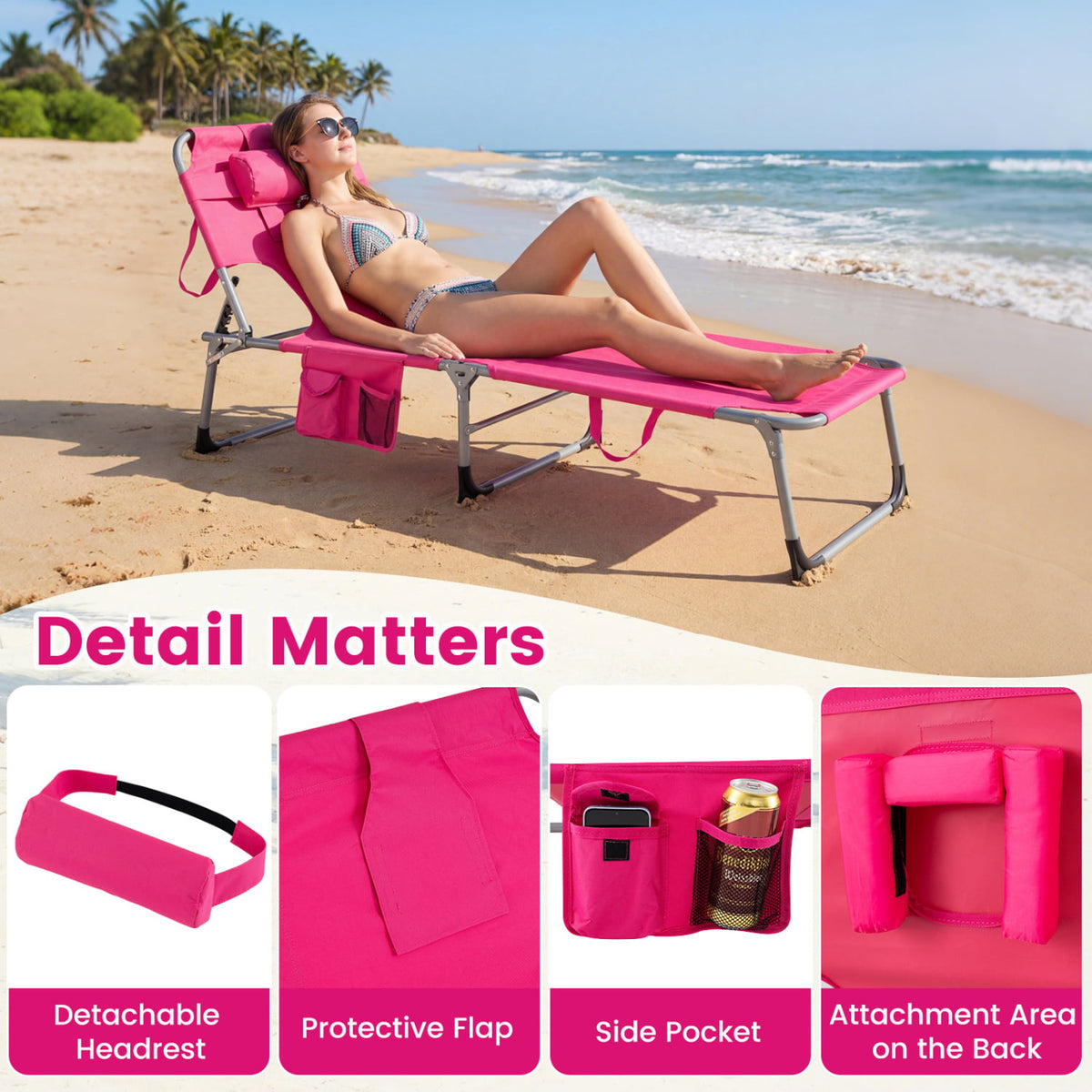 Tanning Chair with Face Arm Holes Folding Chair-Pink view 9