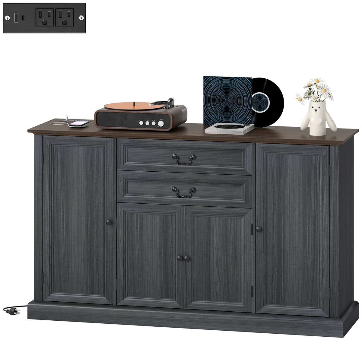 Farmhouse Sideboard with Charging Station and Thickened Top, 58" Buffet Cabinet with 2 Soft-Close Drawers, Black