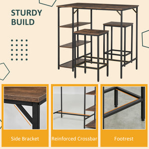 Industrial Dining Table Set for 2, Bar Table and Stools Set, Counter Height Kitchen Table with Chairs with Storage Shelf, Rustic Brown