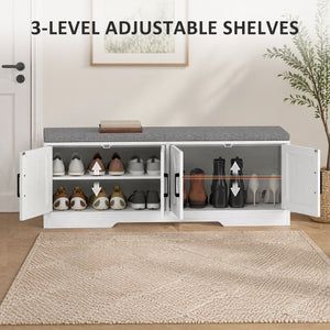 Shoe Bench with Cushion Shoe Storage Bench with Doors Adjustable Shelves for Entryway, White