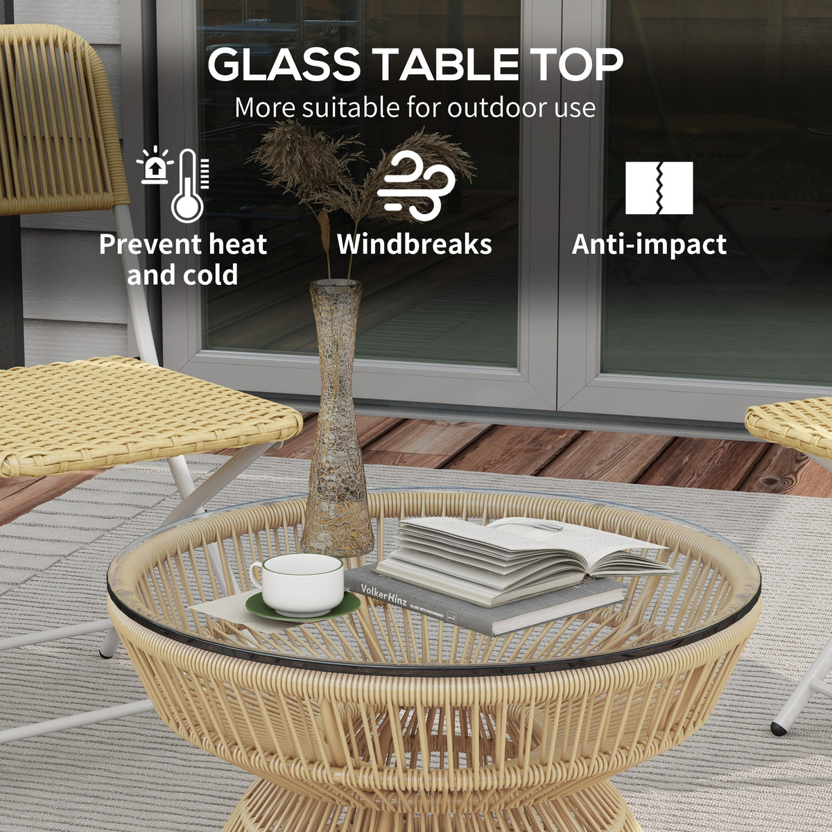 Rattan Outdoor Coffee Table, Patio End Table with Tempered Glass Tabletop & Steel Frame, Wicker Furniture, Nature Wood