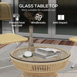 Rattan Outdoor Coffee Table, Patio End Table with Tempered Glass Tabletop & Steel Frame, Wicker Furniture, Nature Wood