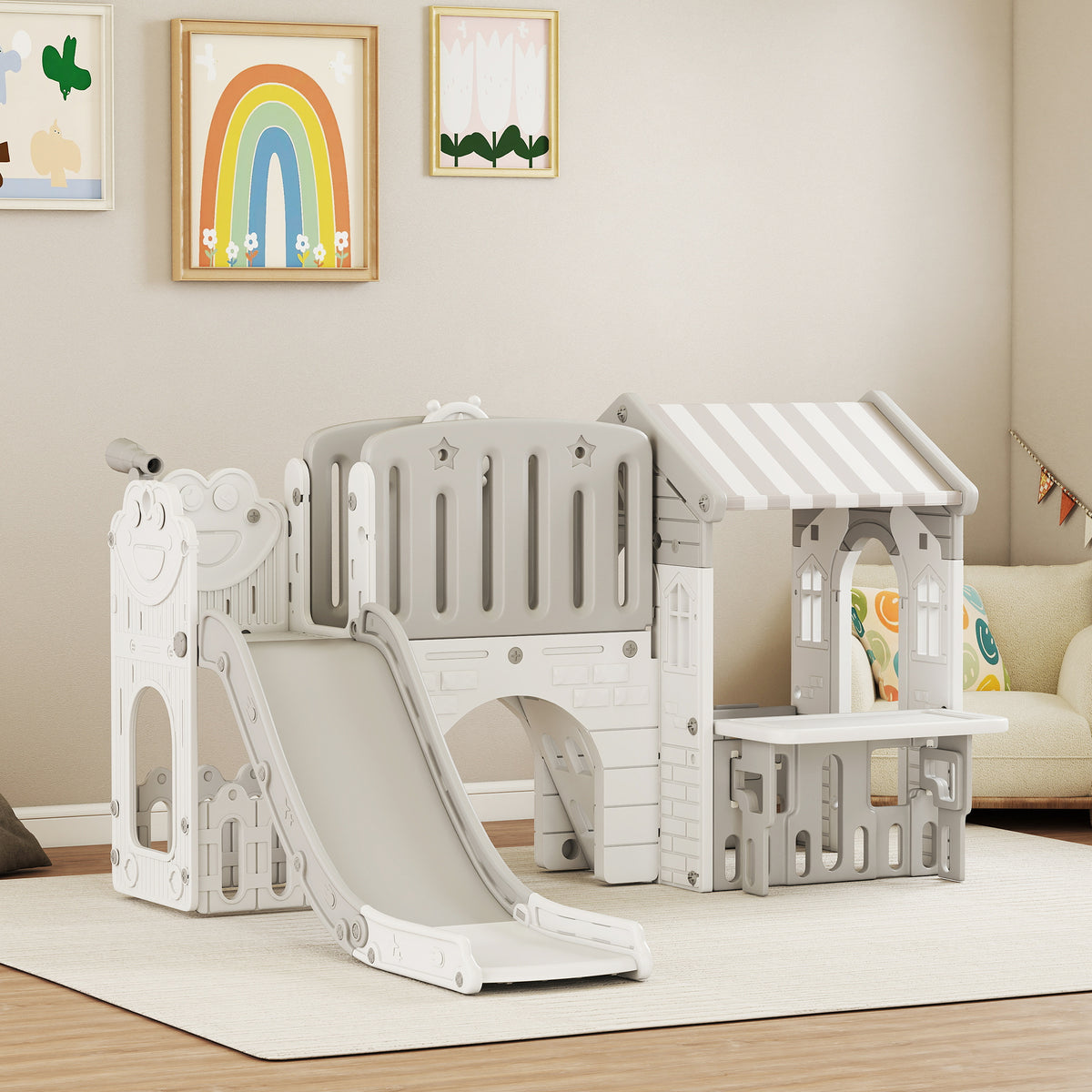 Qaba 7-in-1 Toddler Slide, Kids Slide Climber Playset with Playhouse and Basketball Hoop for 1-4 Years