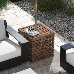 2-in-1 Outdoor Umbrella Base Storage Box Wooden Patio Side Table, Brown