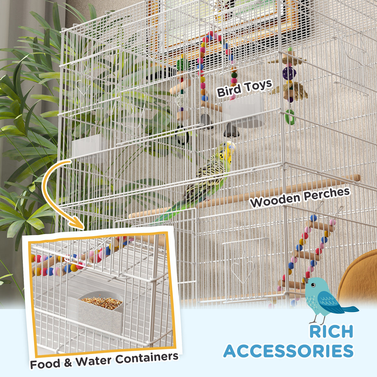 52" Bird Cage with Rolling Stand, Toys, for Budgies Canaries Black – view 25