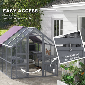 Outdoor Cat Enclosure Wooden Feral Cat House w/ Weatherproof Canopy, Bridges, Resting Boxes, Platforms, for 3-6 Cats