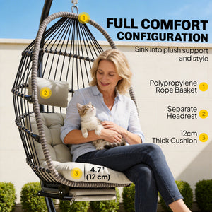 Outdoor Hanging Egg Chair with Retractable Footrest Swing Chair with Metal Stand Light Grey