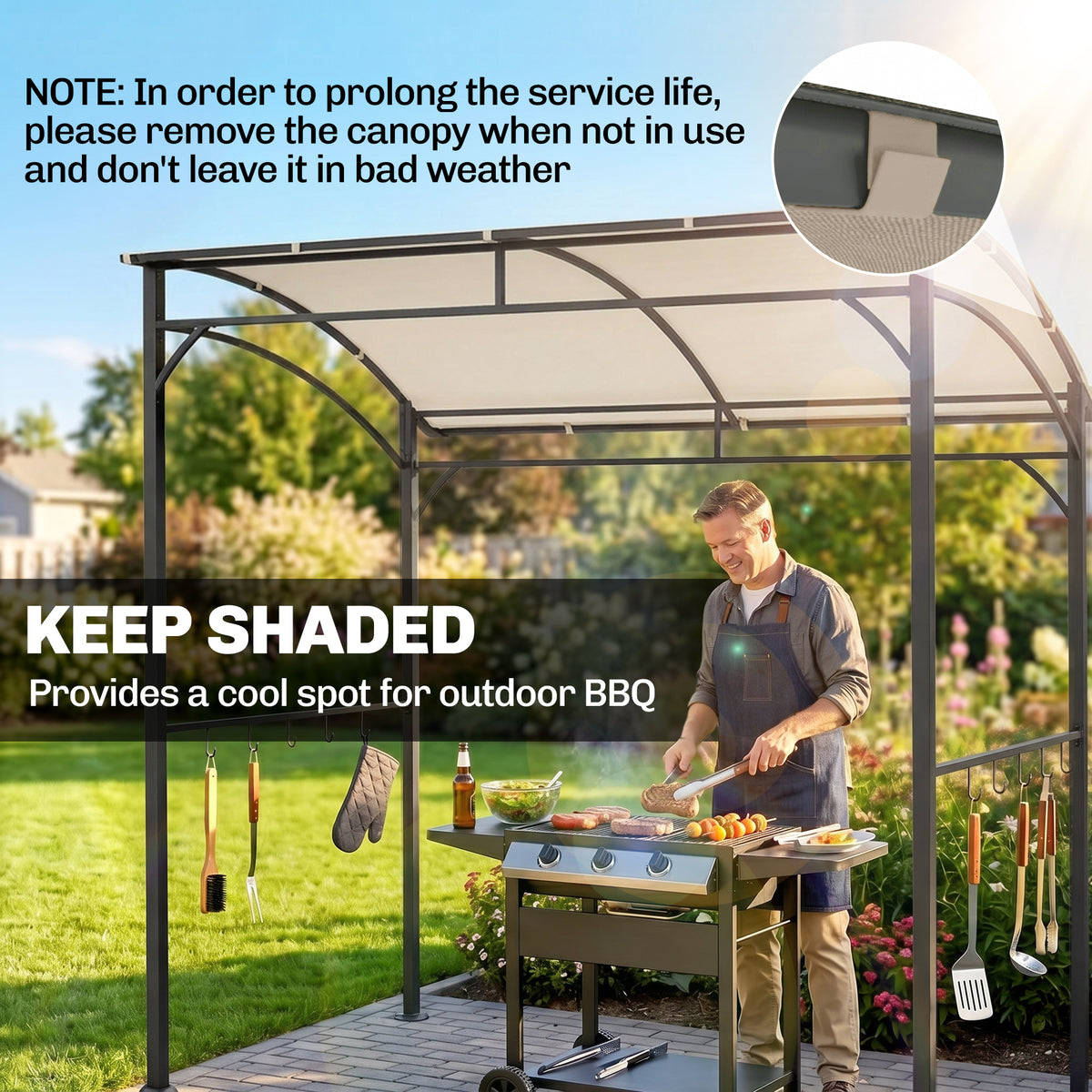 7' x 5' BBQ Grill Gazebo Tent, Garden Grill Canopy with Steel Frame and Hooks, Outdoor Sun Shade, Grey – view 17