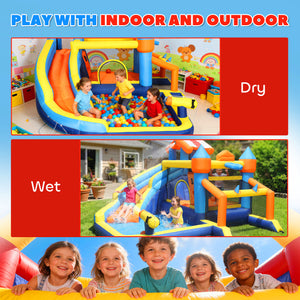 Qaba Bouncy Castle for Kids, Inflatable Bounce House with Slide, Pool (Ball Pit), Climbing Wall and Blower for Indoor Outdoor