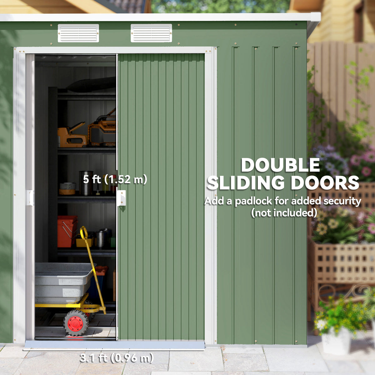 7' x 4' Galvanised Steel Garden Shed, with Foundation Kit - Green – view 4