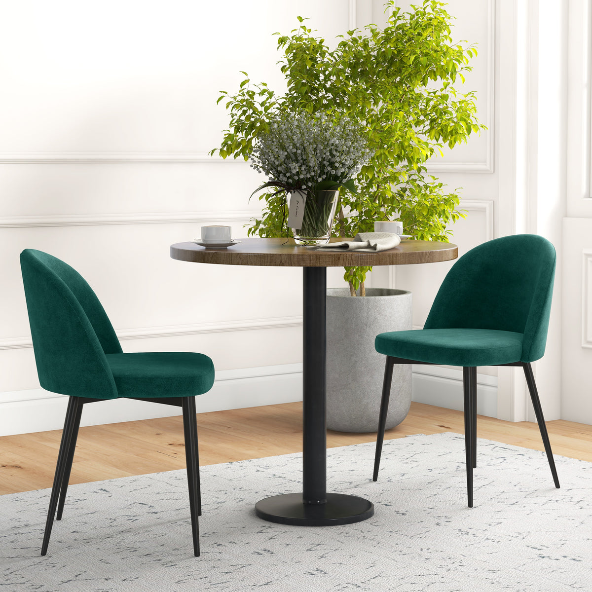 Set of 2 Mid-Back Dining Chair, Mid-Back Velvet-touch Upholstery Kitchen Chair for Living Room Dining Room, Green