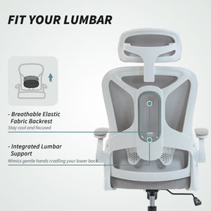 Ergonomic Office Chair, Swivel Desk Chair with Adjustable Lumbar Support, Headrest and Height, Flip-up Armrests, Grey