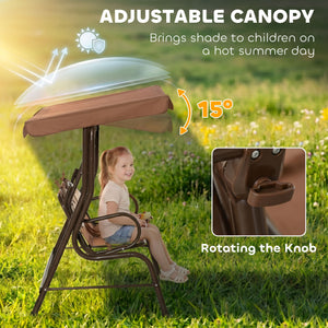 2-Seat Kids Porch Swing Chair, Children Outdoor Patio Furniture Lounge Chair for Garden, with Adjustable Canopy, Seat Belt, Monkey Pattern, for 3-6 Years Old, Coffee
