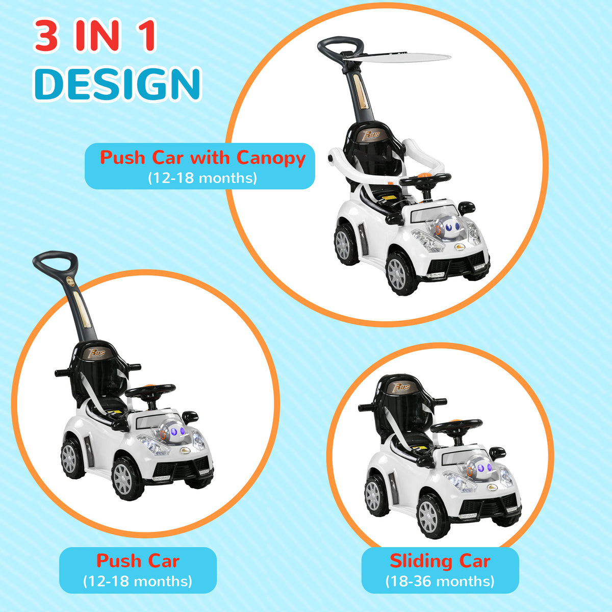 Qaba 3 in 1 Kids Push Car Toddler Sliding Car, Foot to Floor Design with Music, Light, Handle, Removable Canopy