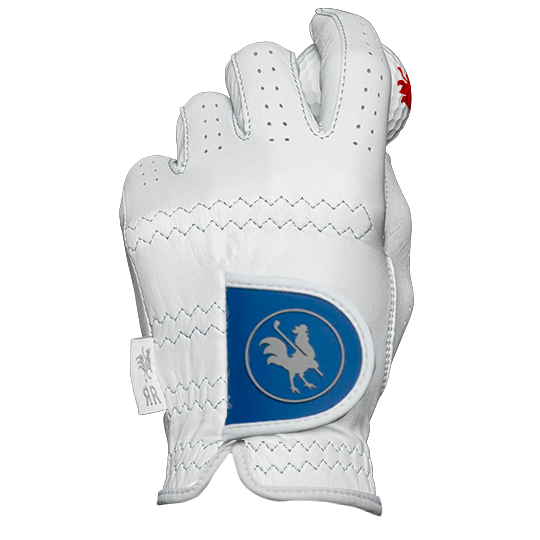 The Benny - Red Rooster Golf AAA Cabretta Leather Golf Glove, white leather with blue accents
