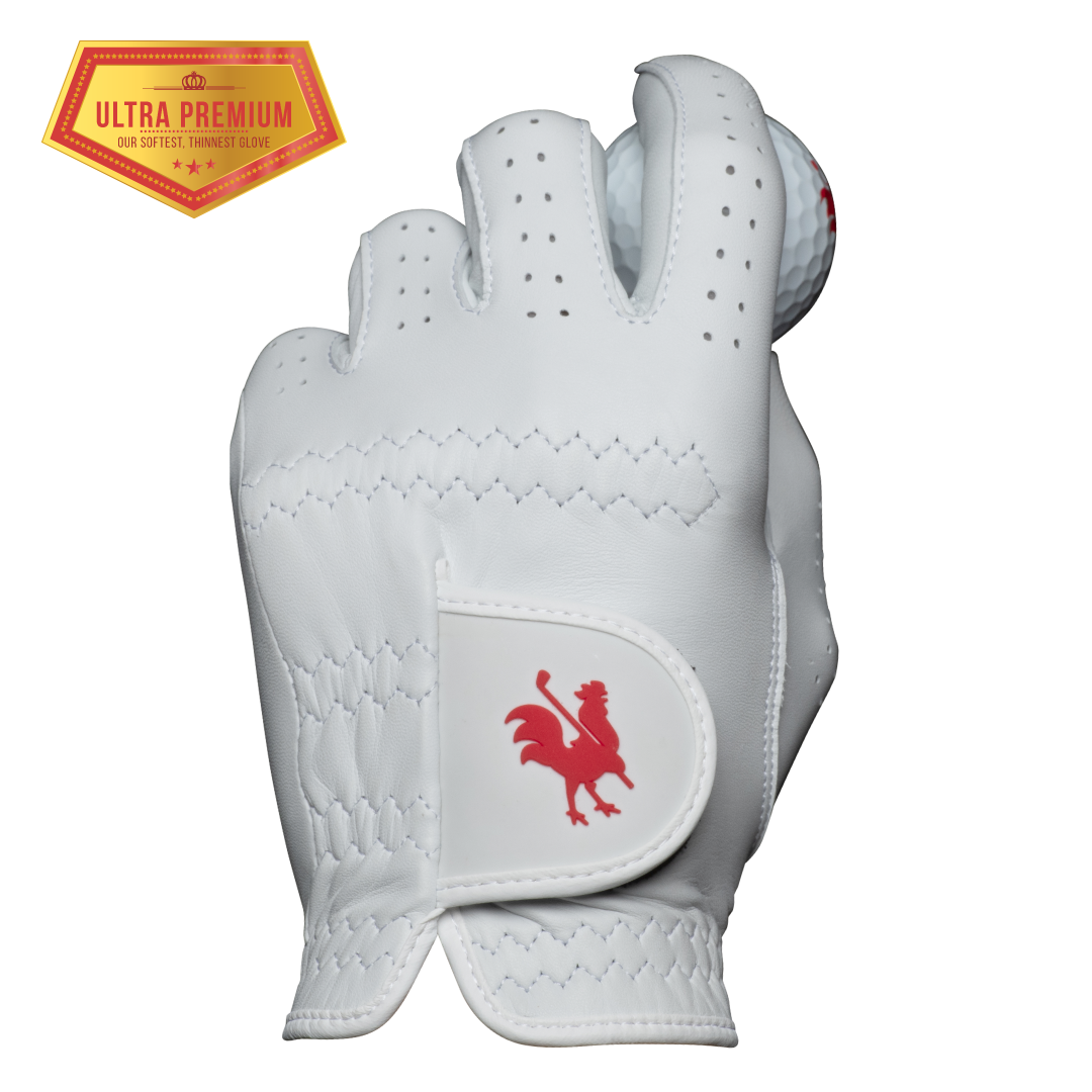 The Sussex - Red Rooster Golf AAA Cabretta Leather Golf Glove, white leather with a red-trimmed patch